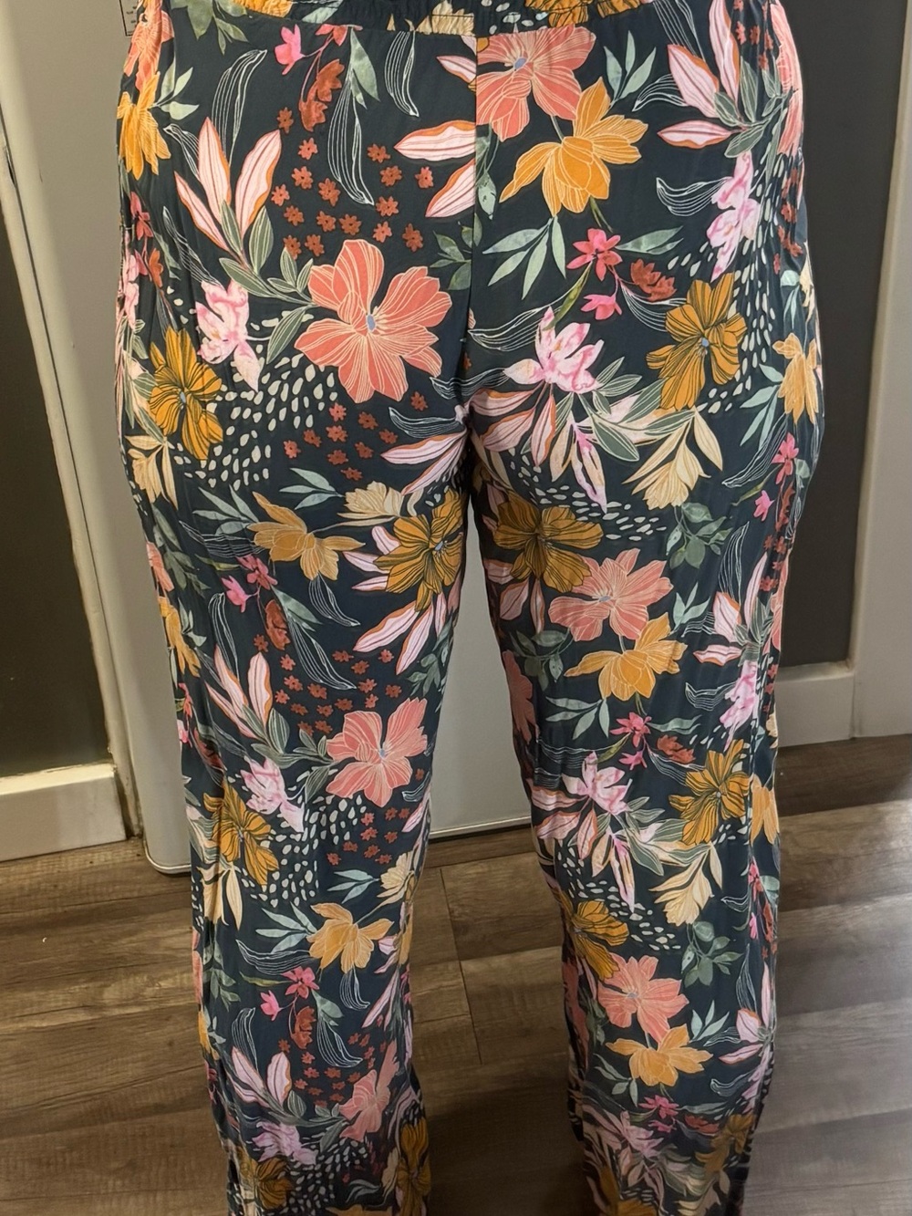 O'Neill Navy Wide-Leg Floral Pants with Pink & Mustard Flowers